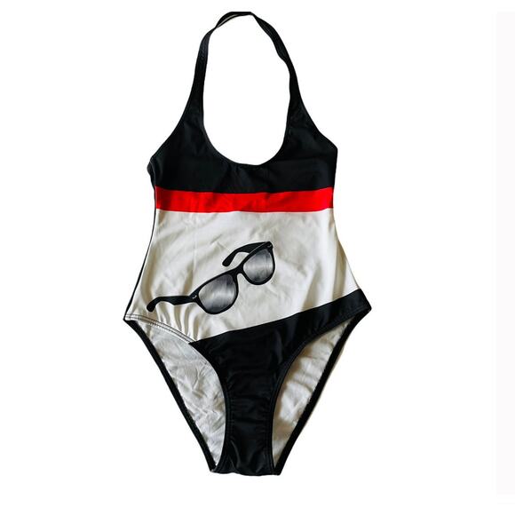 ModCloth Sunglasses Retro Color Block Halter One Piece Swimsuit Size XS NEW